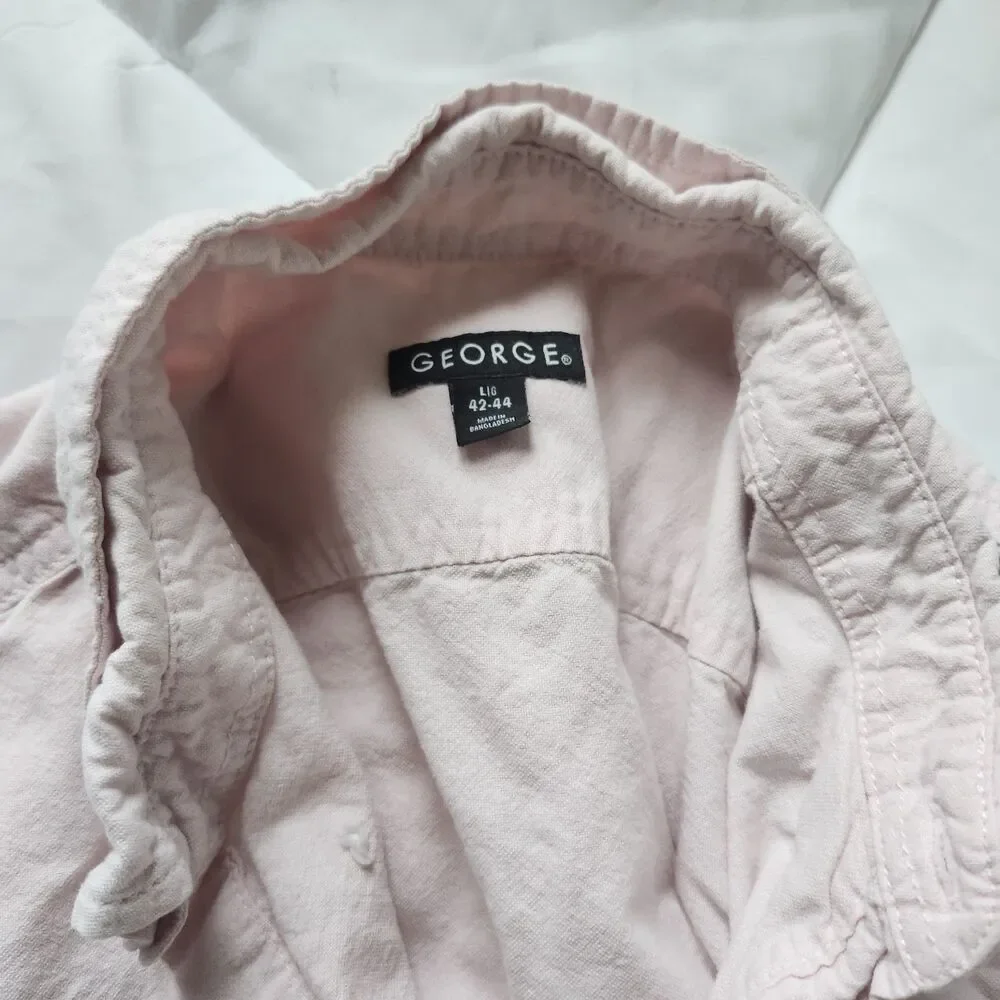 George Men's Light Pink Cotton Button Down Shirt Short Sleeve Size L